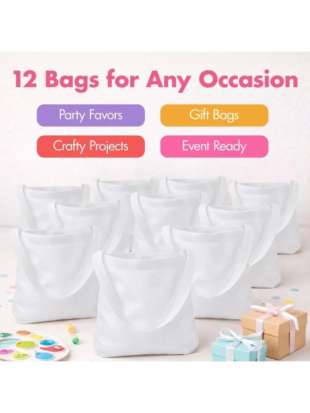 12 Pack Mini Tote Bags - DIY Polyester Handbags, 8x8x1.5 Inches, Perfect for